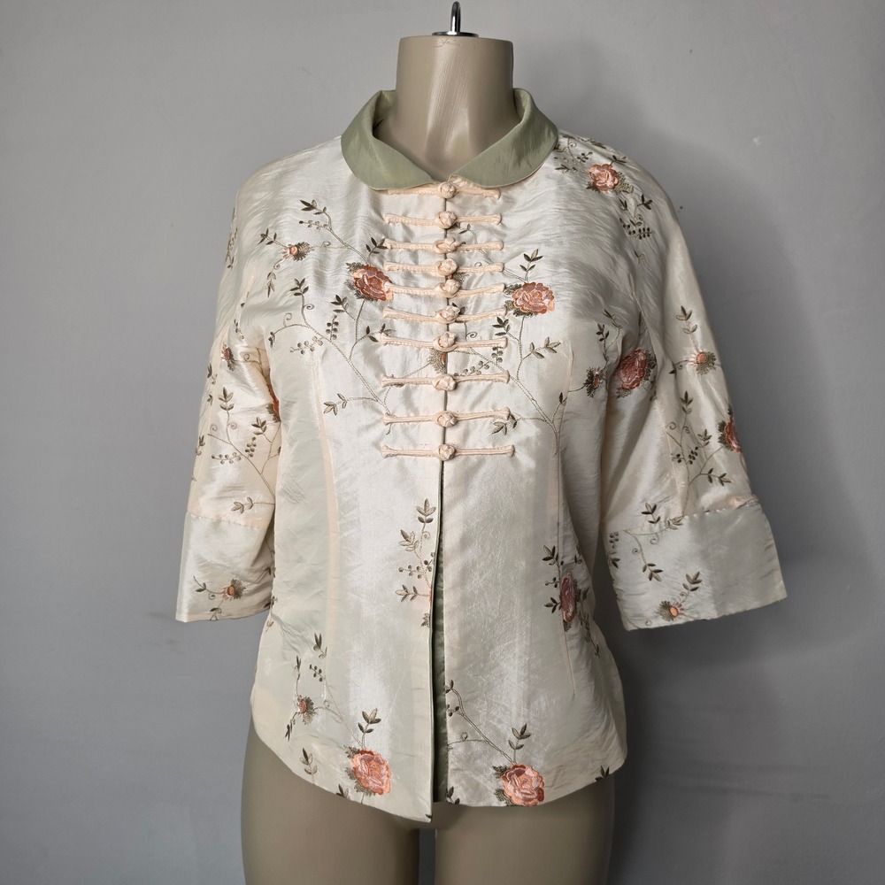 Feng Jacket Womens L Cream Embroidered Floral Silk Blend Frog Button Mandarin